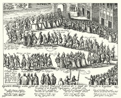 Hochzeitsprozession von Friedrich V., Kurfürst von der Pfalz, und Elizabeth Stuart, Tochter von König James I. von England, London, 1613 von German School